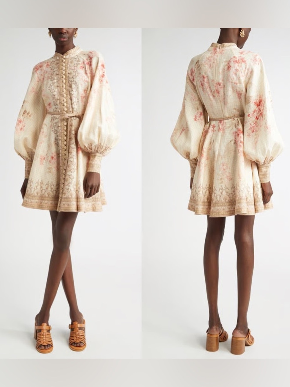 NWT Zimmermann Tropical Flower Long Sleeve Belted Linen Minidress 2 US8